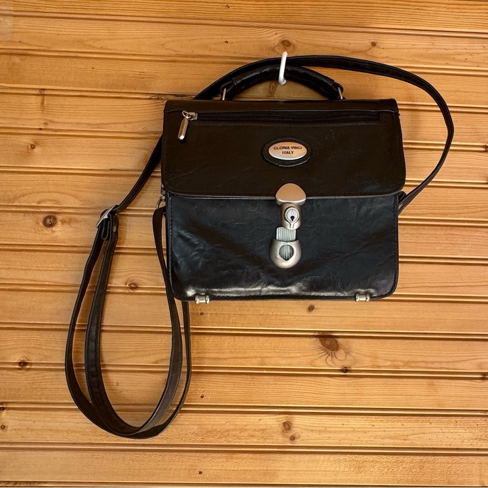 Gloria Vinci Black Leather Baguette Bag Silver Hardware Office Executive Classy - Picture 2 of 7